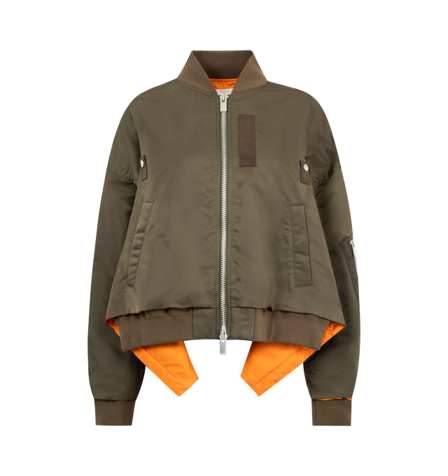 Image 1 of 3 - GREEN - SACAI Nylon Twill Jacket featuring boxy silhouette, cropped length, layered construction, zip front closure and stand collar. Nylon/polyamide/cotton/wool.