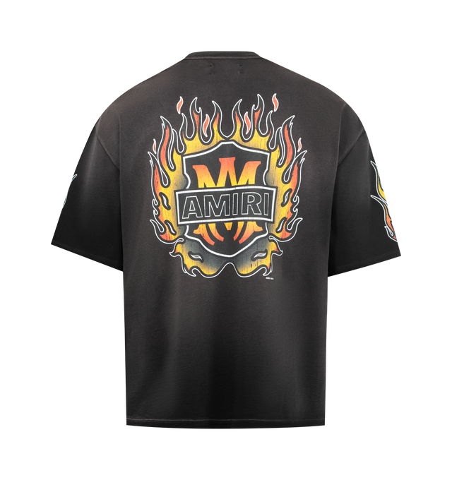 Image 2 of 3 - BLACK - AMIRI MA Flames Tee featuring fading throughout, rib-knit crewneck, logo graphic printed at chest, sleeves, and back and dropped shoulders. 100% cotton. Made in Italy.