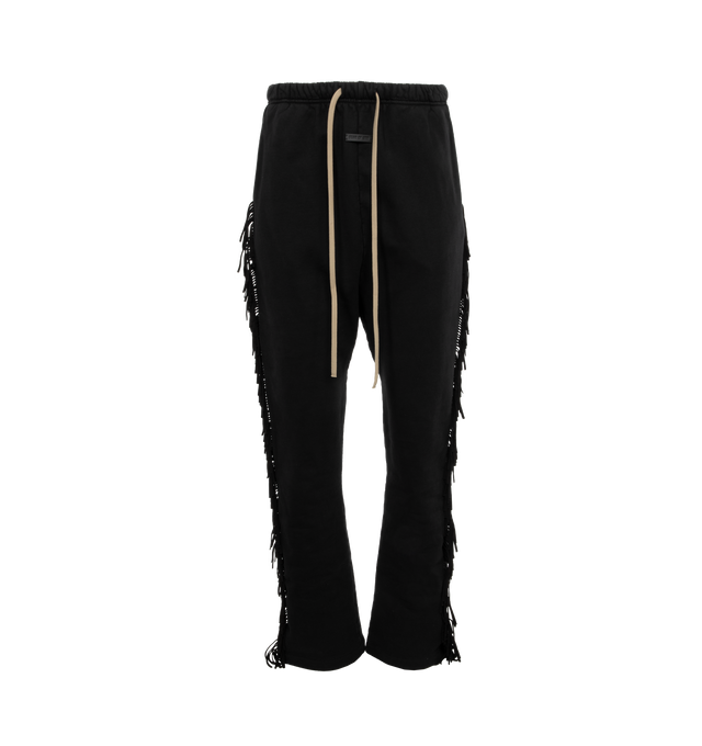 Image 1 of 4 - BLACK - FEAR OF GOD Fringe Sweatpants featuring cotton fleece, fringe suede trim throughout, drawstring at elasticized waistband, two-pocket styling and rubberized logo patch at front. 100% cotton. Trim: 100% leather. Made in United States. 