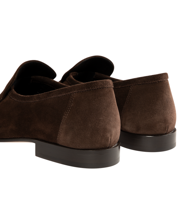 Image 3 of 4 - BROWN - THE ROW Soft Moccasin Two featuring moccasin loafer in soft calfskin suede with oval toe, topstitched front detailing with natural pleating effect and stacked leather heel. 100% calfskin suede. Lined in 100% goatskin leather. Calfskin leather sole. Made in Italy.