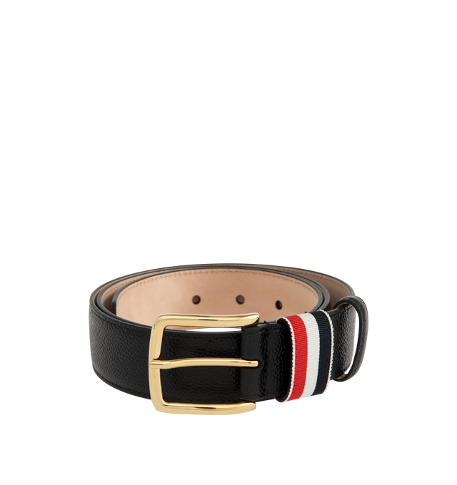 Image 1 of 2 - BLACK - THOM BROWNE Pebble Grain Striped Loop Belt featuring 35MM width, tricolor grosgrain loop and brass hardware. Calfskin pebbled leather.