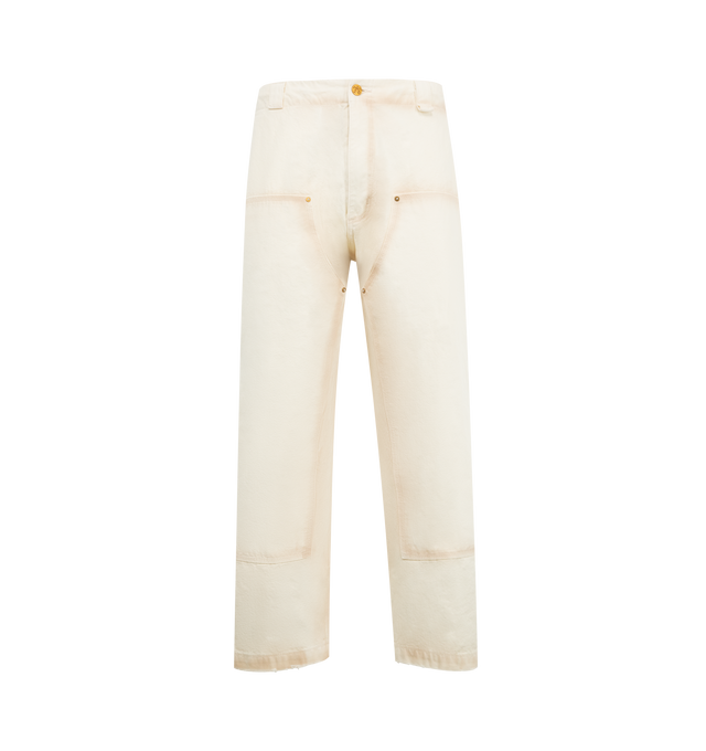 Image 1 of 3 - WHITE - WILLY CHAVARRIA Workwear Toluca Pant featuring durable cotton thats washed for a vintage look, hammer loop, welt pockets, embroidered eyelet detailing, belt loops and 5 pocket detailing. 100% cotton. Made in the USA.