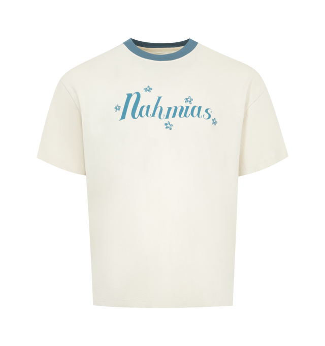 Image 1 of 4 - WHITE - NAHMIAS Blossom Ringer T-shirt featuring crew neckline with contrast ringer trim, Nahmias Bloom graphic at chest, short sleeves and regular fit. 100% cotton.