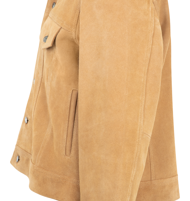 Image 3 of 3 - BROWN - MIDNIGHT RODEO Mr Suede Trucker Jacket featuring a cropped fit, button flap chest pocket, front welt pockets, custom branded hardware, double Western yoke detailing, and a smooth midnight satin lining. Suede.