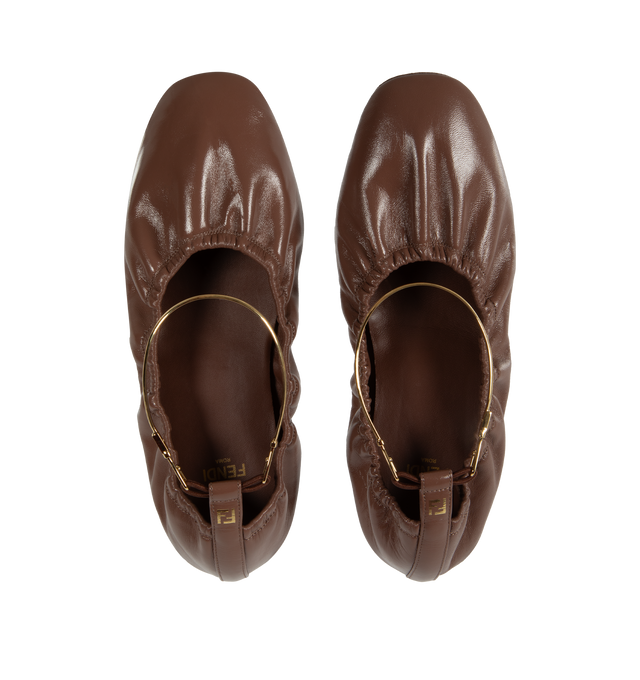 Image 4 of 4 - BROWN - FENDI Filo Ballerina Flats featuring gathered opening, metallic ankle strap, FF embellishment on the heel, suede sole with raised rubber inserts, glossy leather and gold-finish metalware. 100% calf leather. Interior: 100% lamb leather. Made in Italy. 