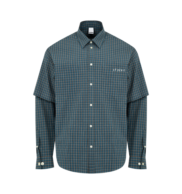 Image 2 of 4 - BLUE - LE PERE Detached Sleeve Button Down featuring cotton fabric made in Japan, oversized fit, paneled construction, dropped shoulders, detachable long sleeves in both contrast colorway and the same fabrics, spread collar, button closure, shirttail hem and an embroidered "le PRE" logo on the chest pocket. 100% cotton. Made in Italy.