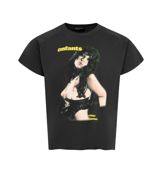 Image 1 of 2 - BLACK - ENFANTS RICHES DEPRIMES Slave Girl Raglan T-Shirt featuring medium weight cotton fabric with a vintage wash, a mock neckline, graphic print on the front and single stitch hem on the sleeve. 100% cotton.