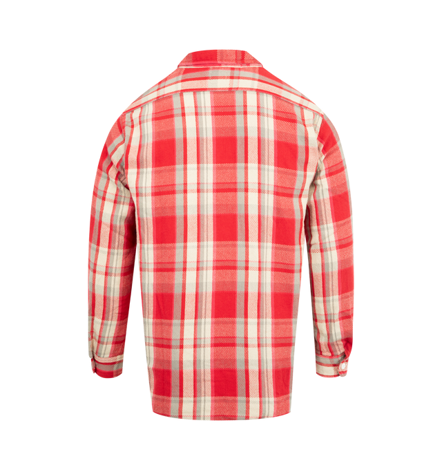 Image 2 of 2 - RED - POST O'ALLS St. Louis Cotton Flannel Shirt featuring a chin strap at the neck, a pen slot on the left chest, gussets at both sides of the hem, plaid print, button closure, long sleeves and two chest patch pockets with buttons. 100% cotton. Made in Japan.