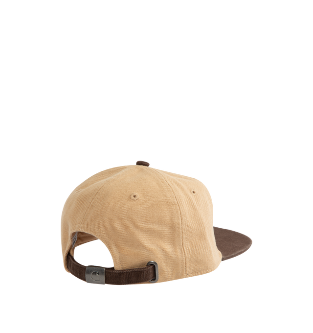 Image 3 of 3 - BROWN - CARHARTT Arcan Cap featuring lined front panel, six-panel style, firm, flat peak, unstructured, adjustable strap with metal buckle, embroidered ventilation eyelets and graphic print. 100% cotton.