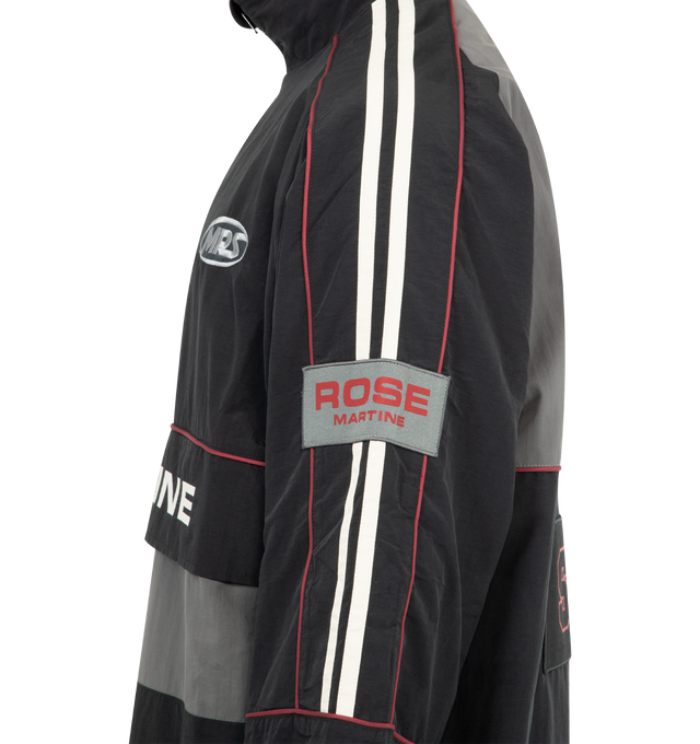 Image 3 of 3 - BLACK - MARTINE ROSE Hockey Pullover featuring a funnel neck, adjustable zip fastening, red sports piping, embroidered branding at chest and seasonal logo at back, elasticated cuffs, draw corded hem, loose fit and stand-up collar. 100% polyamide.