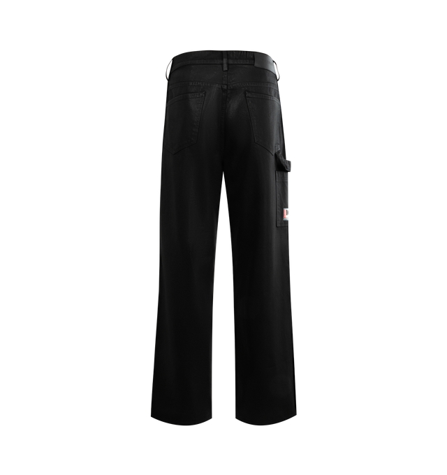 Image 2 of 3 - BLACK - NAHMIAS Waxed Denim Baggy Jeans featuring hammer loop, logo patch, waxed exterior finishing, button zip closure and 5 pocket style. 100% cotton.