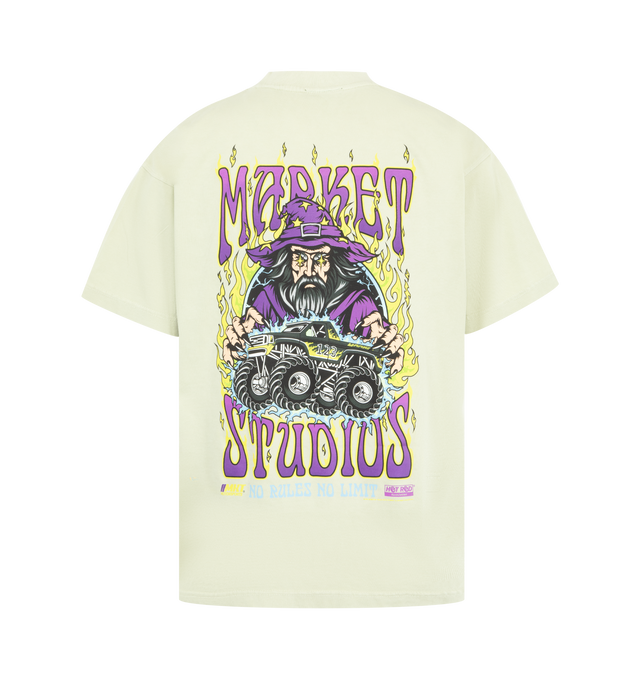 Image 2 of 2 - NEUTRAL - MARKET No Rules No Limits Tee featuring soft cotton, relaxed everyday fit, small front chest print paired with an oversized back illustration showcasing a wizard gripping a monster truck surrounded by flame graphics and bold typography, crewneck and short sleeves. 100% cotton.