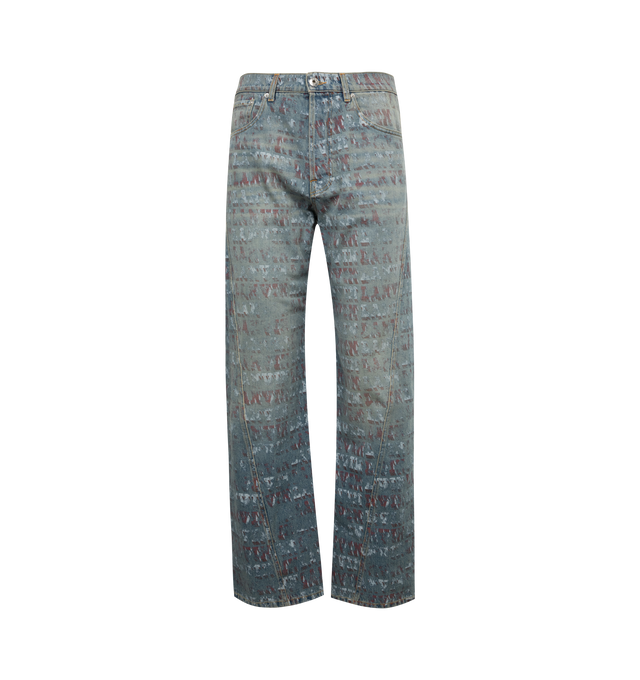 Image 1 of 2 - BLUE - LANVIN LAB X FUTURE Twisted Leg Trousers featuring straight fit, five pockets, two patch pockets on the back, two on the sides and a gusset pocket, print throughout and fastening with a metal button and belt loops. 100% cotton. Made in Italy. 
