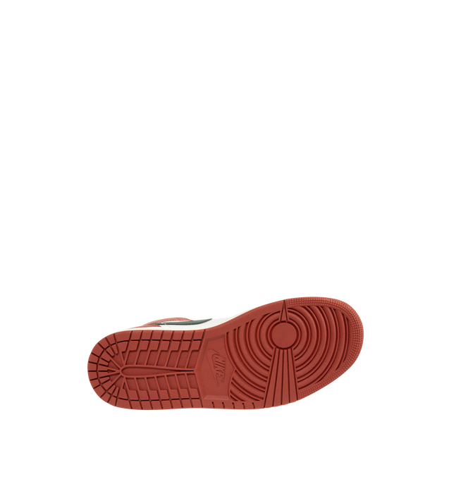 Image 4 of 5 - RED - JORDAN Air Jordan 1 Mid Sneaker featuring mid-top, leather, synthetic leather, textile upper, foam midsole, Nike Air cushioning and rubber outsole with pivot circle.