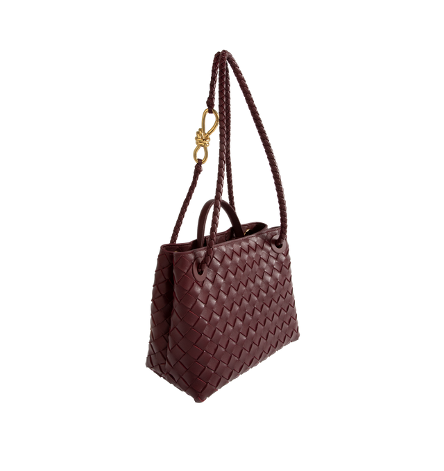 Image 4 of 6 - BROWN - Bottega Veneta small Andiamo handbag featuring intrecciato leather with leather top handle, sliding cross-body strap, compartmented interior with one zippered pocket, two open pockets and magnetic closure. 7.9" x 9.8" x 3.9". 100% lambskin. Made in Italy.