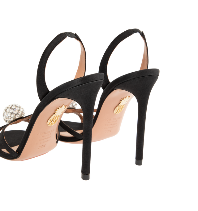 Image 3 of 4 - BLACK - Aquazzura Women's Crystal Bubble Sandal 105 is designed with slender straps embellished with shimmering crystal spheres for a striking, jewelry-inspired finish. Set on a sleek 85mm stiletto heel, these designer sandals feature a high-shine gold finish and an elasticated slingback strap for a secure, comfortable fit. Heel Height: 105 mm. Made in Italy.