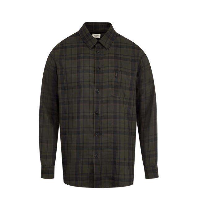 Image 1 of 2 - BROWN - SAINT LAURENT Classic Fit Shirt featuring a pointed collar, front button closure, one patch pocket at the chest, one-button cuffs and curved hem. 100% cotton. Made in Italy.