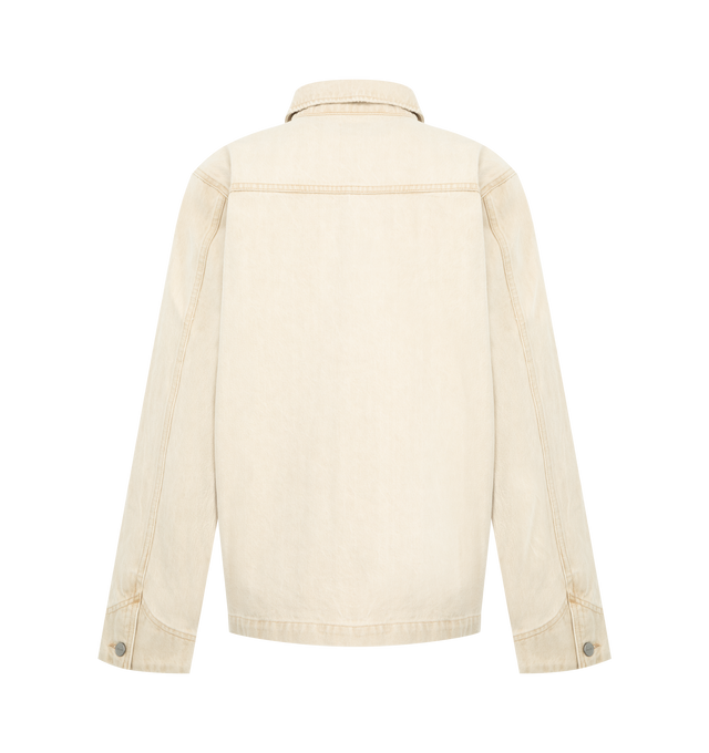 Image 2 of 3 - WHITE - Khaite Wyatt chore coat in robust, tannin-dyed denim. Topstitching traces the quartet of rounded and riveted patch pockets. Finished by hand in Los Angeles with signature buttons of embossed nickel. 100% cotton.