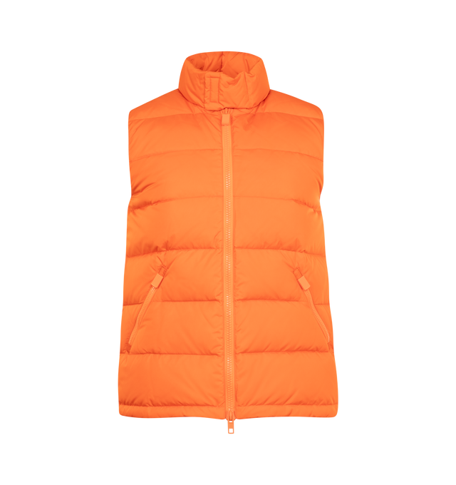 Image 1 of 2 - ORANGE - ASPESI Gilet Piuma Slim Re Vest featuring recycled nylon, down padding, external horizontal quilting and matching lining, fastening and two slanted pockets with zip with the unmistakable hot stamp puller and drawstring at hem and regular fit. 100% nylon.