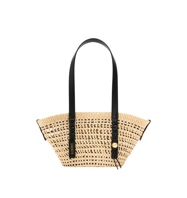 Image 1 of 5 - NEUTRAL - LOEWE PAULA'S IBIZA Small Braid Basket Bag in iraca palm and calfskin featuring shoulder carry, calfskin tie closure, unlined, removable Anagram Pebble dice and gold embossed LOEWE. Iraca palm/calf. 18 cm x 36 cm x 13 cm. Made in Spain.