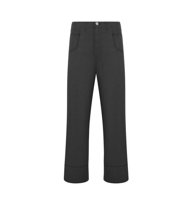 Image 1 of 3 - BLACK - JUNYA WATANABE Levi's Pinstripe Trousers featuring front button waist closure, two front pockets, wide leg, cuffed ankles, pin stripe fabric, Levi's tab label at rear pocket and leather patch at waist. 50% polyester, 50% viscose. Made in Japan.