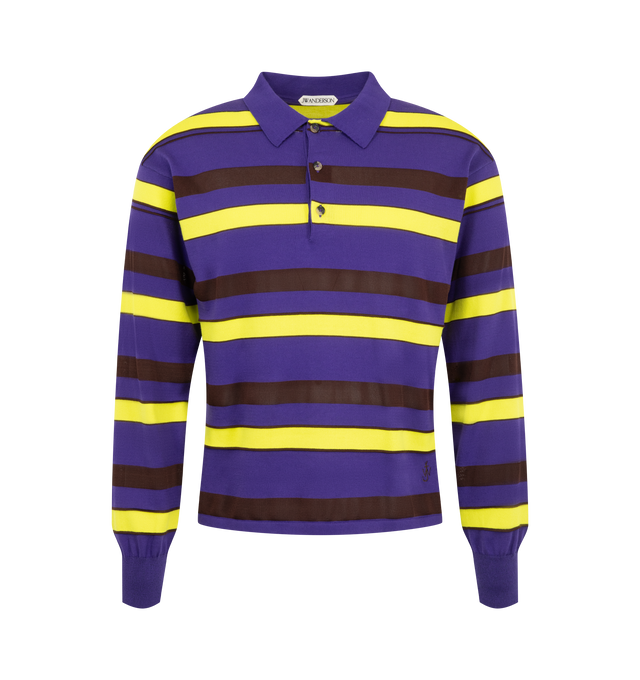Image 1 of 2 - PURPLE - JW Anderson Men's Knitted Striped Rugby Polo Top in ivory, green and blue contrast matte cotton and high-shine viscose, featuring anchor logo embroidery with horn buttons. Composition: 73% Cotton, 27% Viscose. Made in Italy.