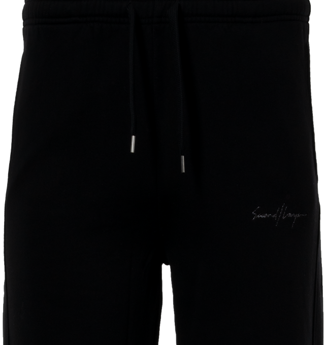 Image 4 of 4 - BLACK - SECOND LAYER Baggy Sweatpants featuring loose fit, elastic drawstring waist, side slit pockets and logo on leg. 100% cotton.  