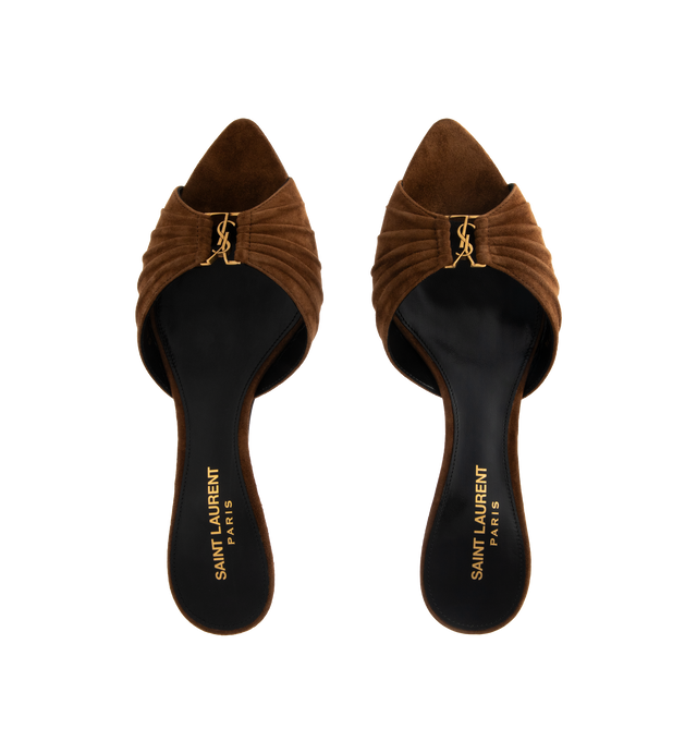 Image 4 of 4 - BROWN - Saint Laurent Babylone kitten-heel mule sandals with a pointed peep toe, gathered calfskin suede upper decorated with the CASSANDRE in bronze-tone metal, 6cm kitten heel and leather sole. Made in Italy.