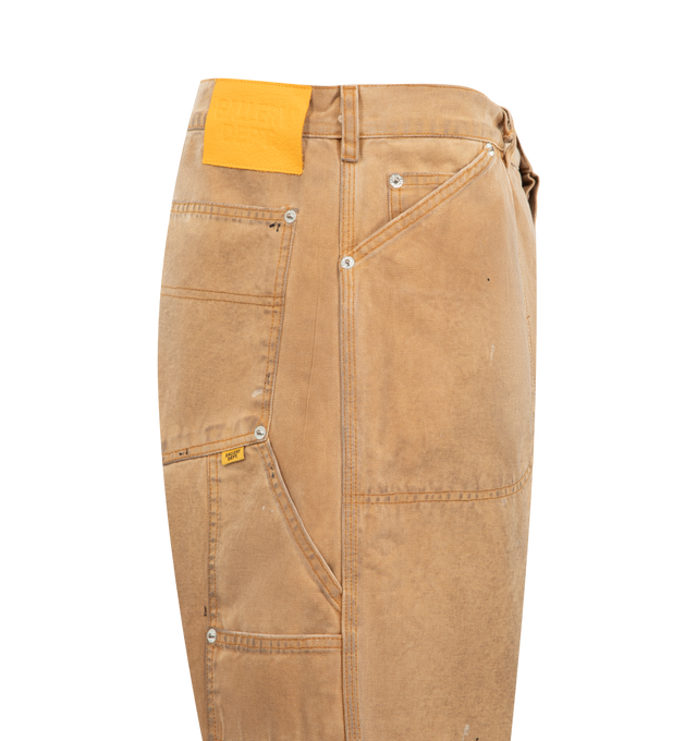 Image 3 of 3 - BROWN - GALLERY DEPT. Branko Carpenter Shorts featuring relaxed carpenter short, distressed detailing throughout., debossed tan leather GALLERY DEPT. jacron on the back waistband, worn-in look and reinforced rip and repair details. 100% cotton. Made in USA.