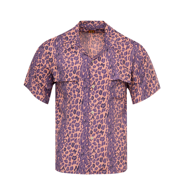 Image 1 of 2 - PURPLE - HUMAN MADE Leopard Aloha Shirt featuring leopard pattern, front button closure, chest pockets and short sleeves. 55% rayon, 45% cotton. 