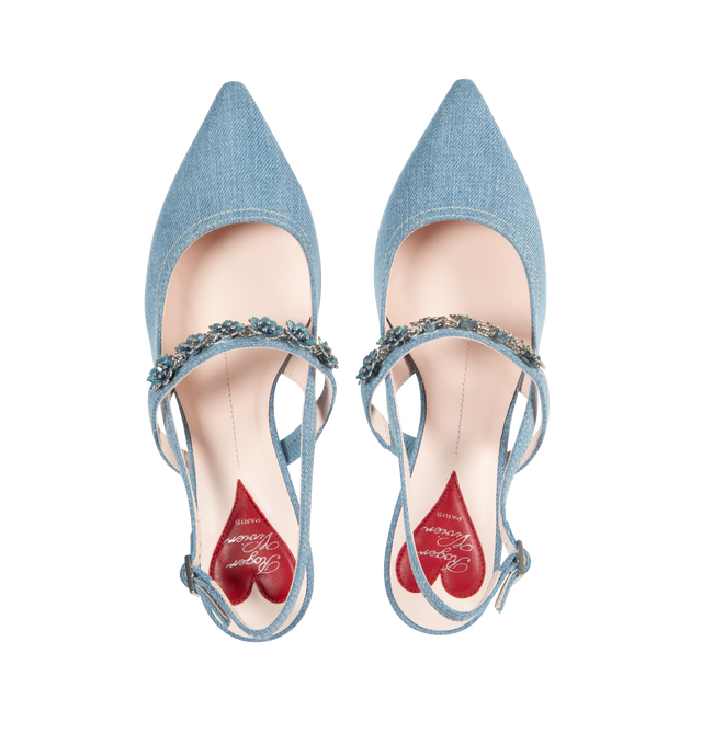 Image 4 of 4 - BLUE - ROGER VIVIER Virgule Flower Slingback Denim Pumps featuring flower accent, pointed toe and slingback adjustable ankle strap. 2.25in heel. Lining: Leather. Leather outsole. Made in Italy. 