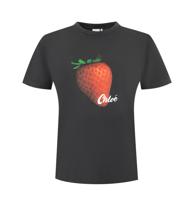 Image 1 of 2 - BLACK - CHLOE Baby Fit Logo Tee featuring crew-neck, cotton jersey, short sleeves and strawberry print graphic with Chlo logo. 100% cotton. Made in Portugal.