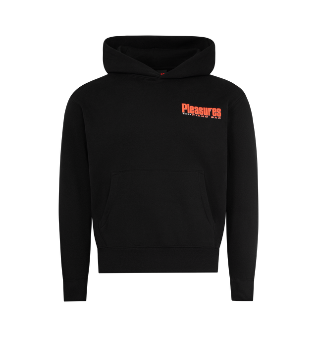 Image 1 of 2 - BLACK - PLEASURES Piano Bar Pullover Hoodie featuring cotton-blend fleece, logo art on the front and back, fixed hood, ribbed cuffs and hem and kangaroo pocket. 57% cotton, 43% polyester.