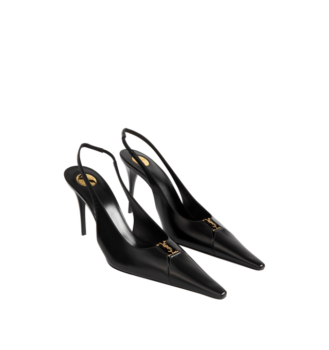 Image 2 of 4 - BLACK - SAINT LAURENT Babylone Breteuil Slingback Pumps featuring a cut-out elongated toe decorated with the cassandre, leather sole, round saint laurent-engraved metal plaque on the insole and elasticized slingback strap. 3.5 inch heel. Lambskin/calfskin. Made in Italy.