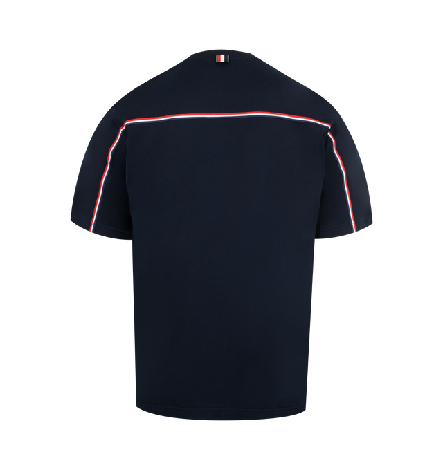 Image 2 of 3 - NAVY - THOM BROWNE RWB Trim Oversized Tee featuring short sleeves, crew neck, oversized fit, side slits and RWB stripe. Cotton.