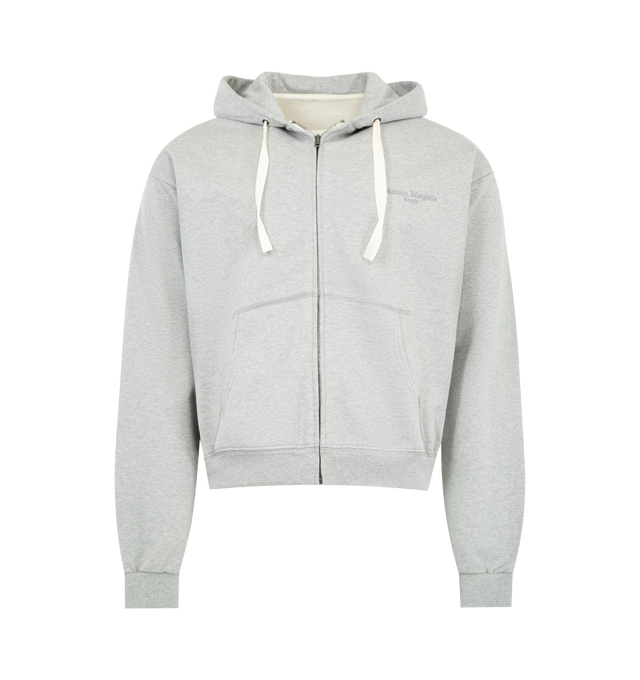 Image 1 of 2 - GREY - MAISON MARGIELA Zipped Hooded Sweatshirt featuring kangaroo pocket at the front, long sleeves, hooded neckline, center zipper closure and four stitches at the back. 100% cotton. Made in Italy.