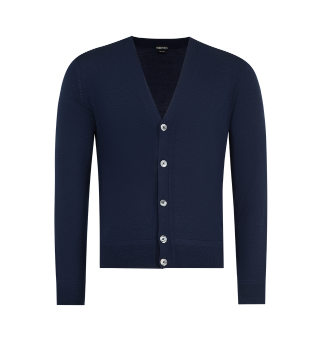 Image 1 of 2 - NAVY - TOM FORD Fine Gauge Pure Wool Cardigan featuring ribbed trim and cuffs, v neck, button front closure and fitted. 100% wool. Made in Italy.
