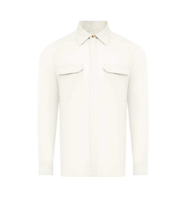 Image 1 of 2 - WHITE - RICK OWENS Work Shirt featuring saddle shoulders with single-button barrel cuffs, concealed button closure, shirttail hem, spread collar and front flap pockets. 100% organic cotton. Made in Italy.
