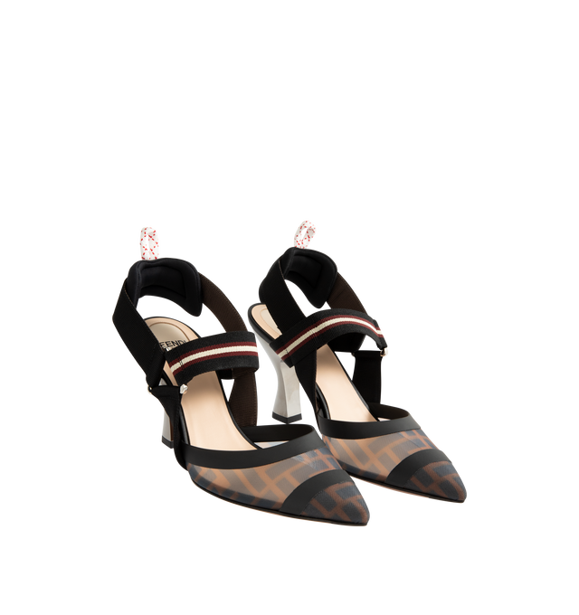 Image 2 of 4 - BLACK - FENDI Colibr Slingbacks featuring pointed toe, elastic straps around the foot, the sole is finished with rubber inserts, technical mesh and tulle with tone-on-tone heat-sealing, FF logo print creates levels of transparency on the toe and metallic-effect heel. 85mm. 100% polyamide. Made in Italy.