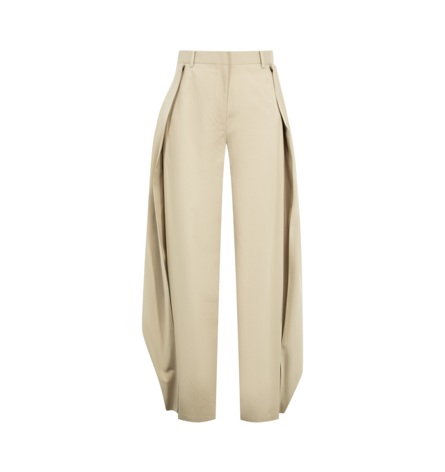 Image 1 of 3 - NEUTRAL - LOEWE Trousers in lightweight fluid wool tailoring featuring loose flaps at the sides and back that can be attached via a front button, regular fit, regular length, mid waist, wide leg, concealed zip fly, seam pockets and double L embroidery placed at the front. Wool. Made in Italy.