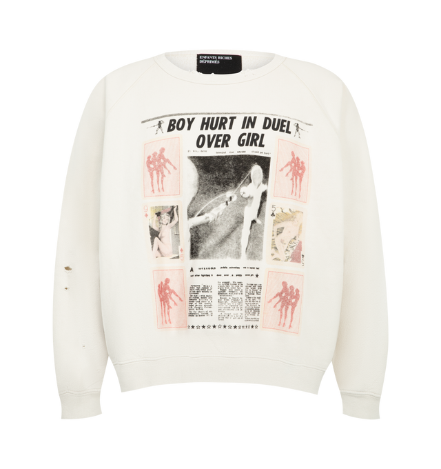 Image 1 of 2 - WHITE - Enfants Riches Dprims Mens Raglan Crewneck Sweatshirt is crafted from heavyweight brushed French terry. Features an oversized slouchy fit, long raglan sleeves, ribbed crew neckline, cuffs and hem, printed artwork at the front and back, and signature vintage wash. Main Material: Cotton French Terry. Made in USA.