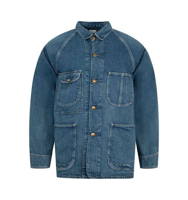 Image 1 of 2 - BLUE - ORSLOW 1950s Coverall Jacket featuring heavily laundered Japanese Denim fabric, regular collar, full button front, raglan sleeves, and multiple pockets. Japanese Denim.
