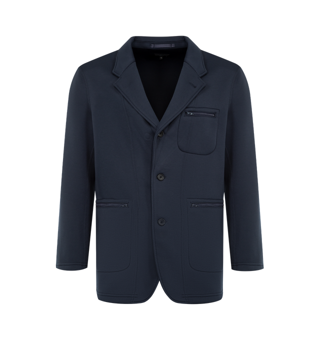 Image 1 of 3 - NAVY - ENGINEERED GARMENTS Knit Leisure Jacket featuring notched lapel, three button front closure and three zip pockets on front. 100% polyester. Made in USA.