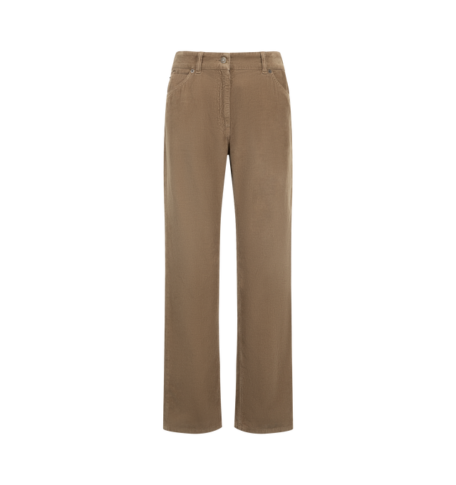 Image 1 of 3 - NEUTRAL - The Row Women's Dinni Pant is crafted from cotton corduroy and features a low-rise waist, a relaxed-fit silhouette, and a straight-leg cut. Designed with tonal topstitching and classic five-pocket styling, this versatile style sits low on the hips and combines understated tailoring with the rich texture and durability of corduroy. Main Material: 100% Cotton. Made in Italy.