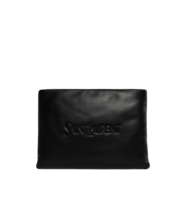 Image 1 of 3 - BLACK - SAINT LAURENT Large Puffy Pouch featuring embossed logo, zip closure, two flat pockets, eight card slots and leather lining. Lambskin, brass. 11.8" X 8.3" X 1.6". Made in Italy.  