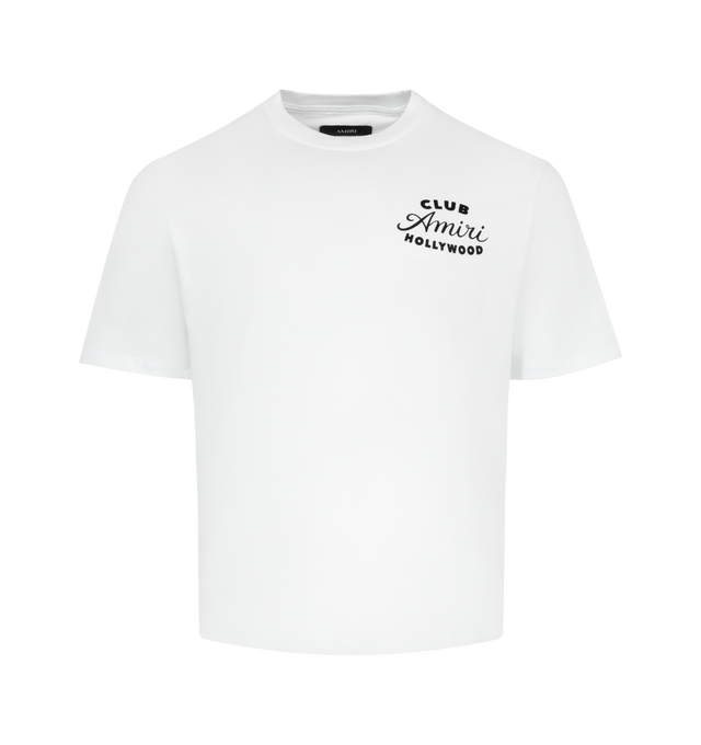 Image 1 of 2 - WHITE - AMIRI Club Amiri Tee featuring pull-on styling, crewneck, logo on front and back and short sleeves. 100% cotton. Made in Italy.