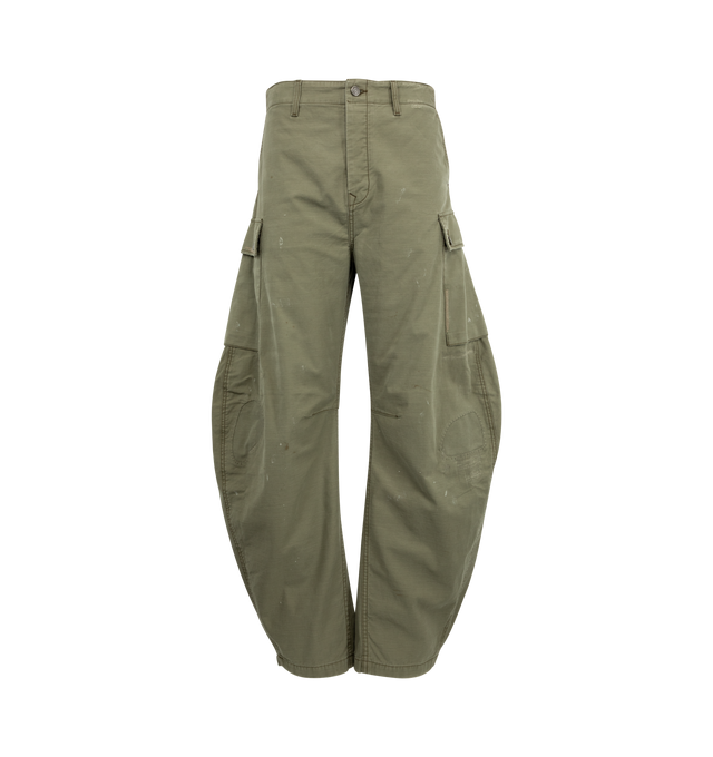 Image 1 of 3 - GREEN - COUT DE LA LIBERTE Monty Twill Slub Barrel Cargo Pant featuring barrel legs, button zip front closure, 2 side pockets, 2 back welt pockets, 2 cargo pockets and belt loops. 100% cotton. Made In USA.