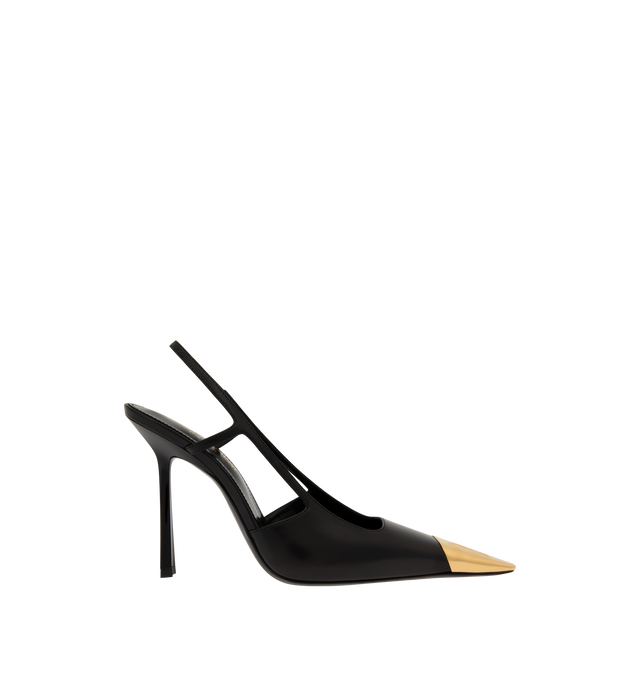 Image 1 of 4 - BLACK - Saint Laurent Womens Slingback Pumps are crafted from lambskin leather. Feature a square pointed metal cap toe with signature Cassandre martel hardware, square-cut vamp, elasticized slingback strap, stiletto heel, and leather sole. Main Material: Lambskin Leather; Hardware: Brass; Sole: Leather. Total Heel Heught: 11 cm / 4.3 inches. Made in Italy.