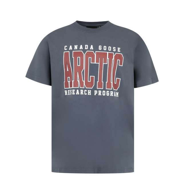 Image 1 of 2 - BLUE - Canada Goose Men's Ocra Arctic T-Shirt is designed as a soft and comfortable everyday essential with a clean short-sleeve silhouette. Finished with Arctic-inspired Canada Goose detailing, this designer T-shirt combines casual versatility with the brand's signature outdoor heritage. 100% Cotton.