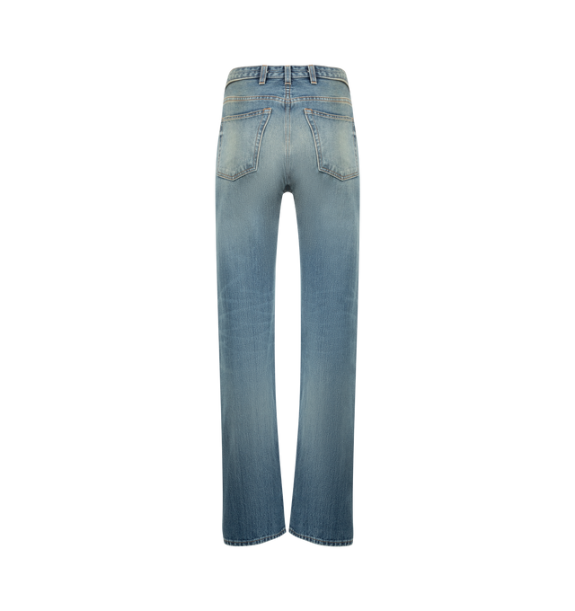 Image 2 of 3 - BLUE - RUADH The Agnes Jean featuring a mid rise, hitting just below the true waist. The silhouette is sleek and elongating with a slim straight profile, realized in a vintage destroy wash. This fabric is constructed with part regenerative cotton and part recycled cotton and is a mid weight rigid (no stretch). Classic 5 pocket detailing with RADH signature triple beltloops at back waist and semi-precious gold hardware. Shank and fly closure. This jean was designed to fit tightly through the w